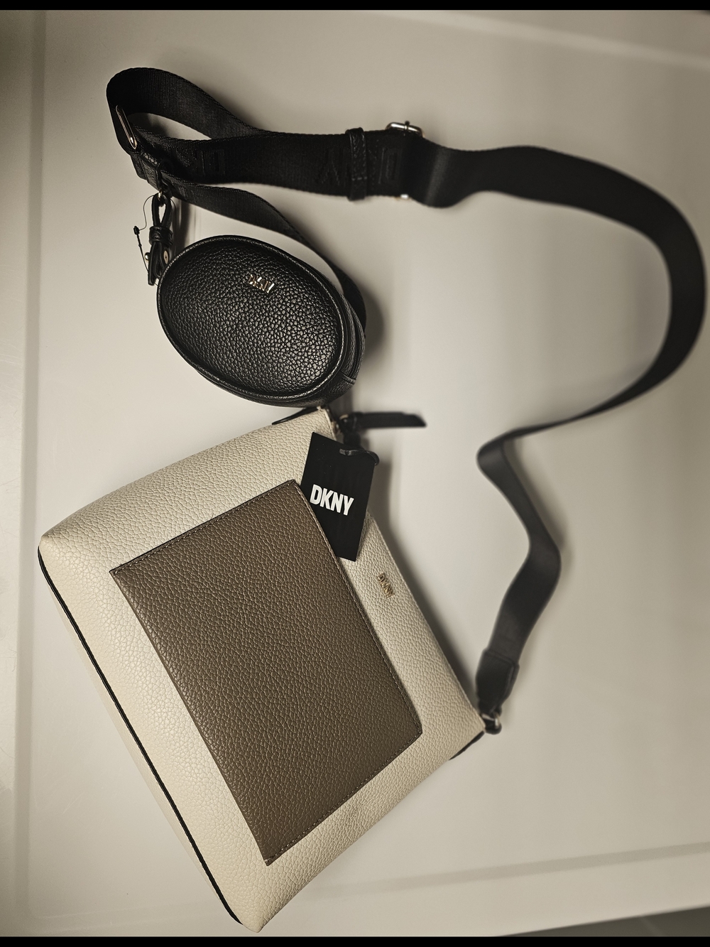 DKNY Cream and Taupe Crossbody with Black Strap and Coin Pouch